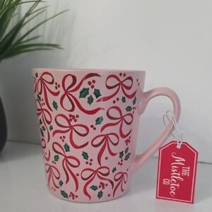 The Mistletoe Co Festive Pink Mug with Red Bows and Green Holly, NWT